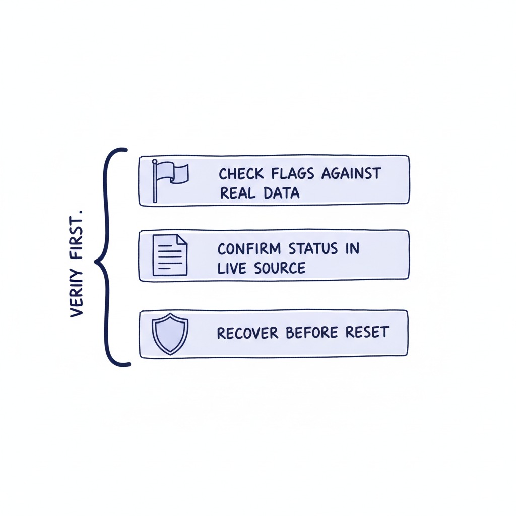 Checklist diagram showing three verification disciplines: sanity-check recommended parameters, confirm status claims against the live source, and recover before reset.