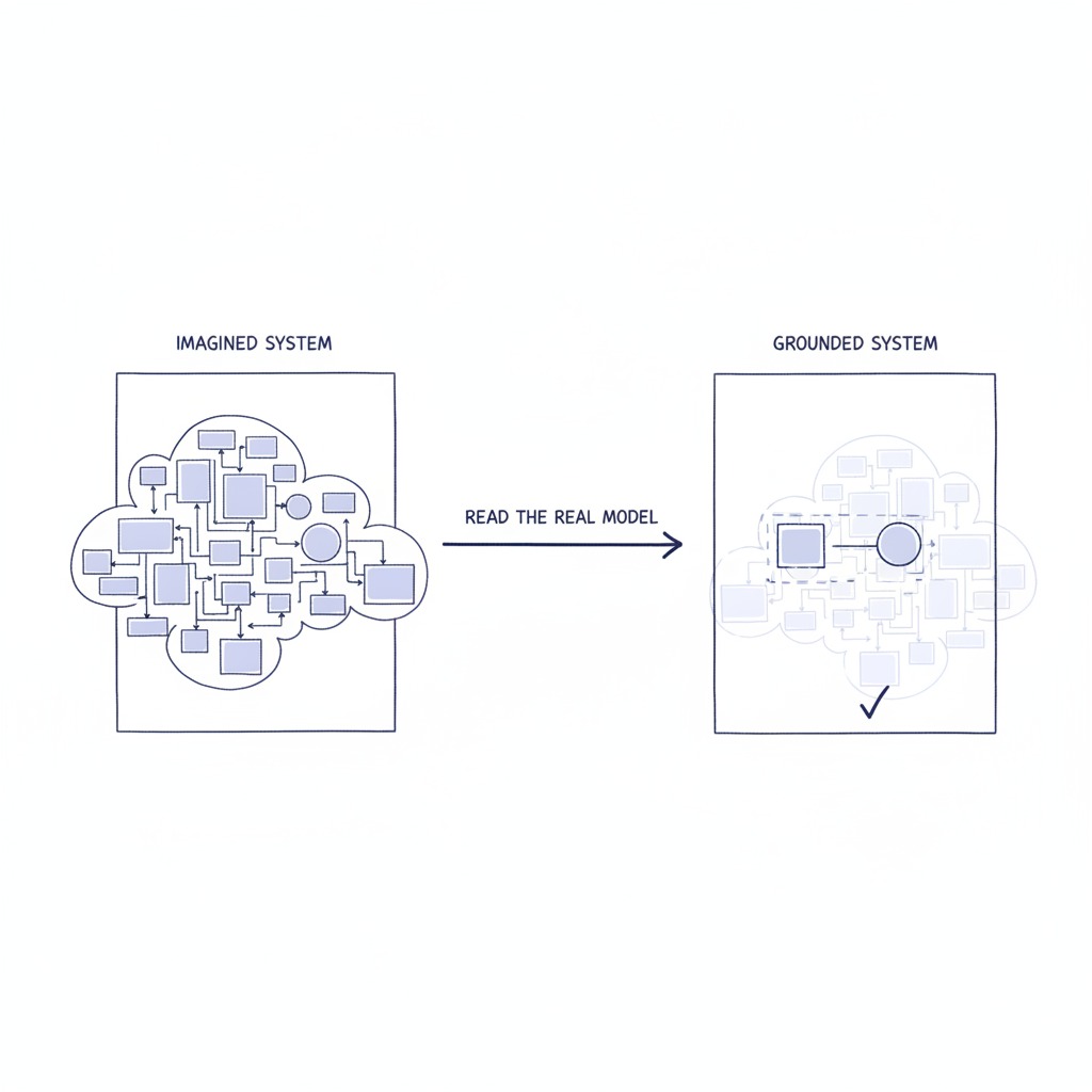 Comparison diagram contrasting imagined-system design, which solves for completeness, with grounded-system design, which solves for the gap that actually remains.