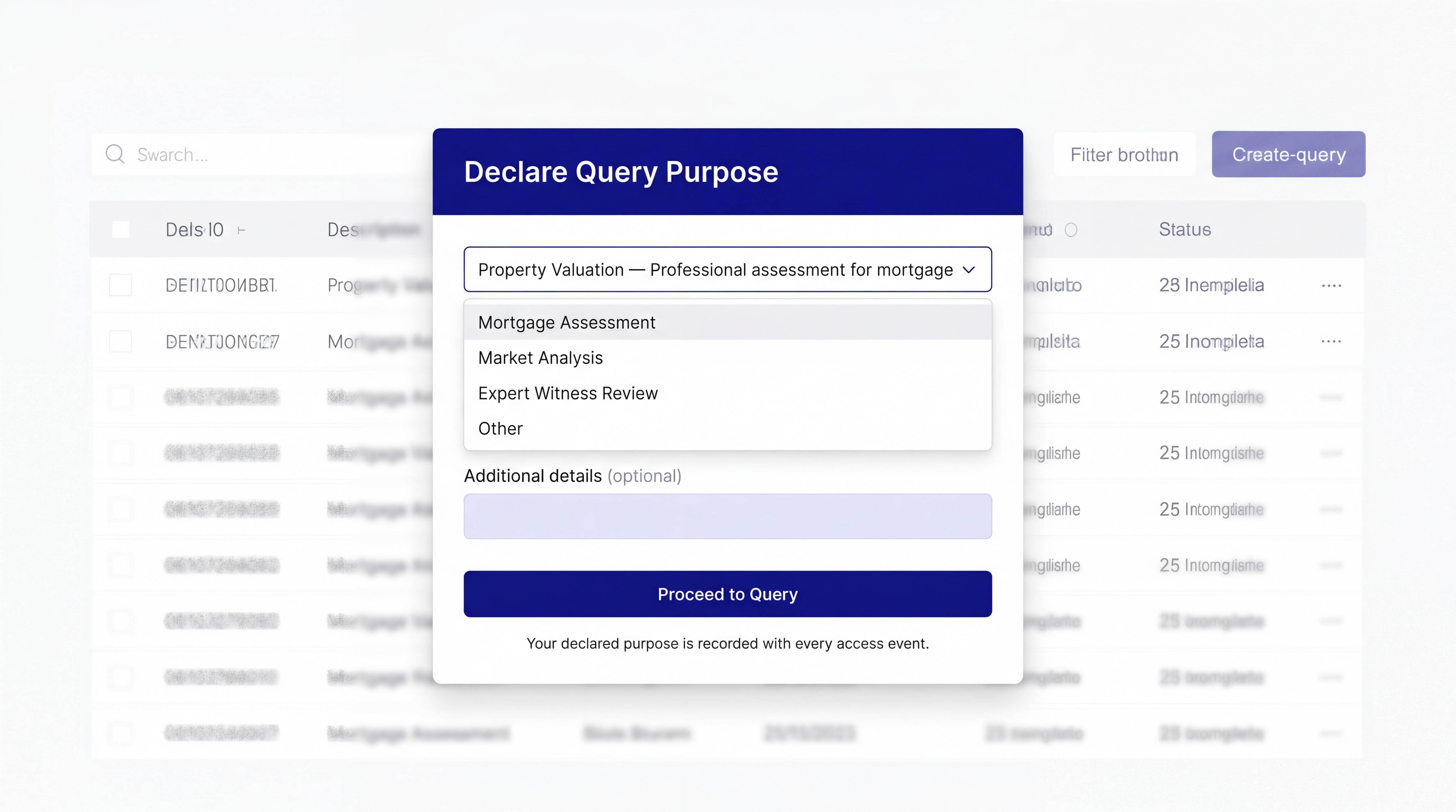 Pattern 1 in practice — the purpose declaration gate: a modal dialog requiring the professional to select a query purpose from a controlled vocabulary before access is granted. The declared reason is stored alongside every access event.