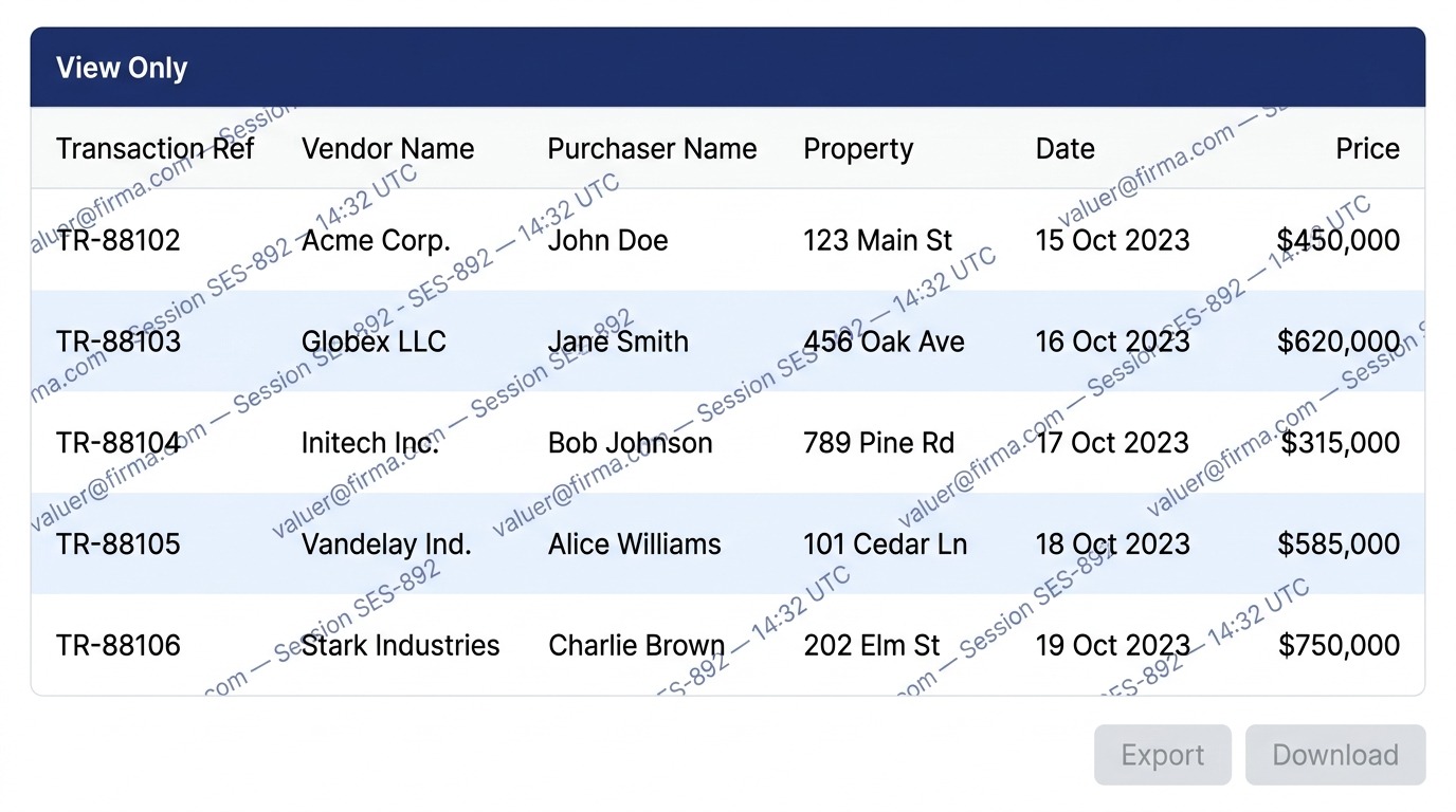 Pattern 6 in practice — screen watermarking: a data view with a repeating diagonal watermark overlaid across the full display, embedding the professional's name, session ID, and timestamp. The watermark is visible enough to deter unauthorised sharing and persistent enough to survive screenshots.