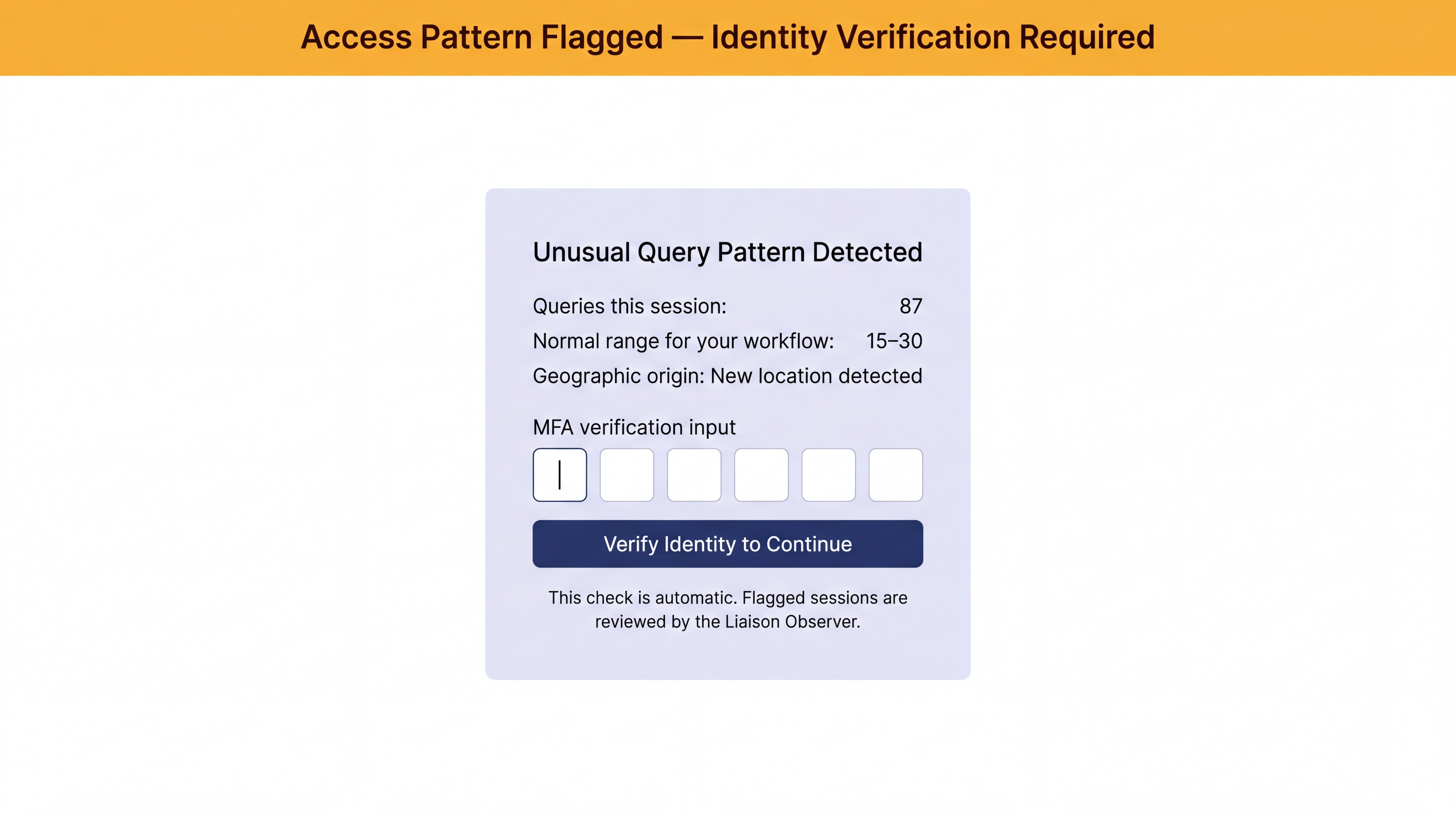Pattern 9 in practice — the anomaly detection re-challenge: when an unusual access pattern is detected, the session is interrupted and the user is shown exactly what triggered the flag before being asked to re-verify identity.