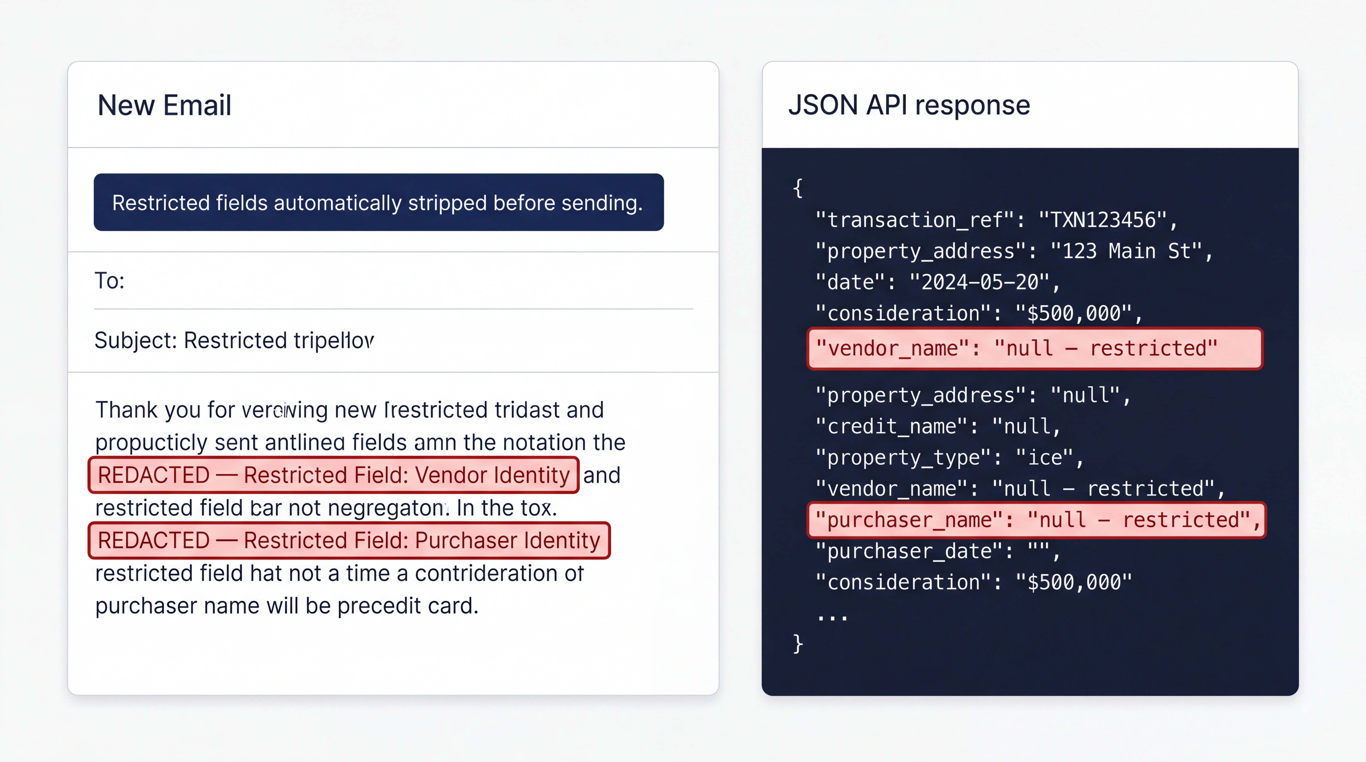 Pattern 7 in practice — egress stripping at all output channels: a three-panel view showing an outbound email with identity fields replaced by redacted placeholders, an API response with restricted fields returning null, and a PDF export with a system note confirming that identity data was stripped before generation.