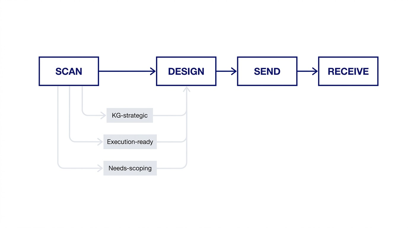 Four-mode delegation architecture: SCAN triage → DESIGN scope → SEND brief → RECEIVE review, shown as a linear pipeline with decision branches