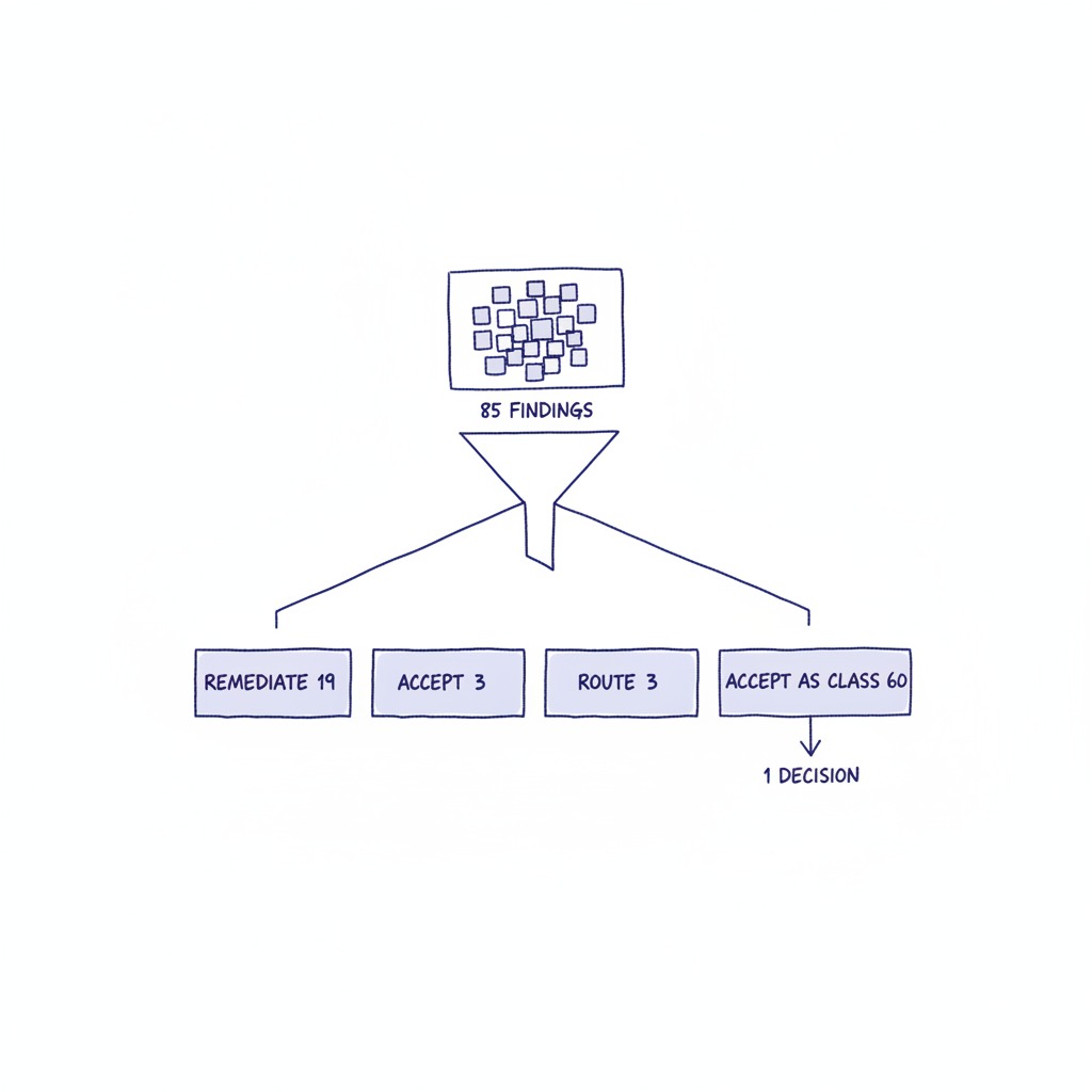 Diagram showing 85 findings sorted into four verdict buckets: remediate, accept, route, and accept as class.
