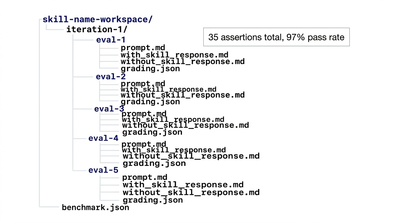 Eval harness structure: skill workspace folder tree showing iteration-1, with eval-1 through eval-5 subdirectories each containing prompt.md, with_skill_response.md, without_skill_response.md, grading.json, and a top-level benchmark.json