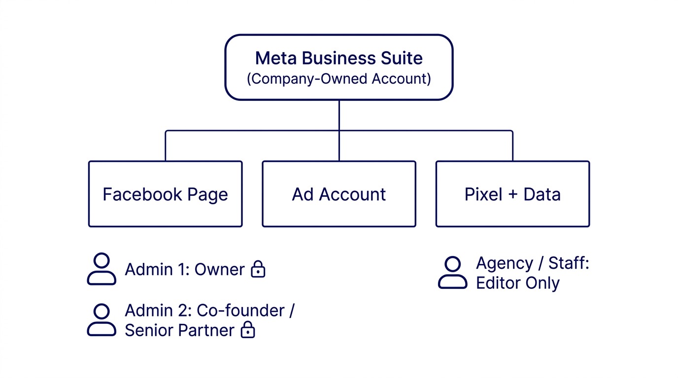 Meta Business Suite correct structure: Business Suite owned at company level, with Facebook Page, Ad Account, and Pixel as linked assets. Two named admins at owner level, agency as Editor only.