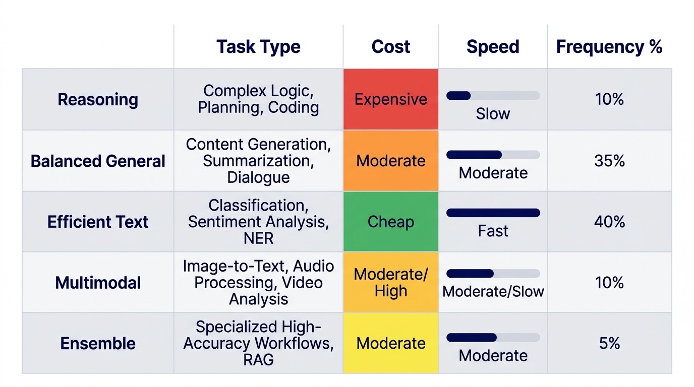 A decision matrix with five rows (Reasoning, Balanced General, Efficient Text, Multimodal, Ensemble) mapped across four columns (Task Type, Cost, Speed, Frequency), showing model names and typical use cases for each row, with cost decreasing from top to bottom for most categories