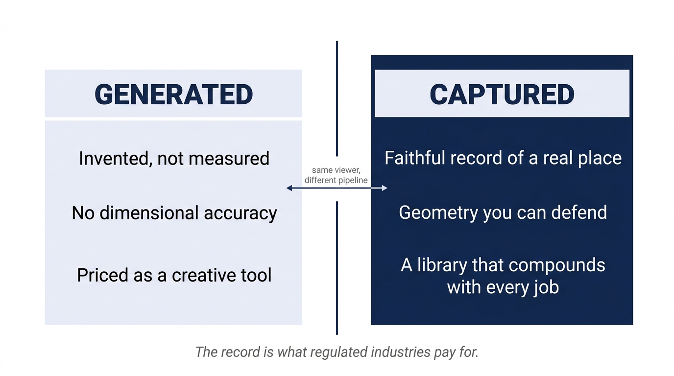 Comparison of generated worlds, invented and dimensionally inaccurate, versus captured worlds, faithful records with defensible geometry