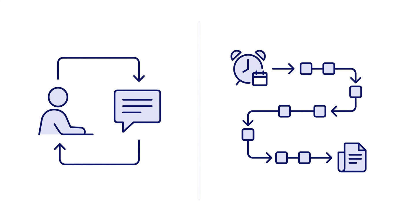 Diagram contrasting a person prompting a chat box on the left with a self-triggering autonomous loop on the right.