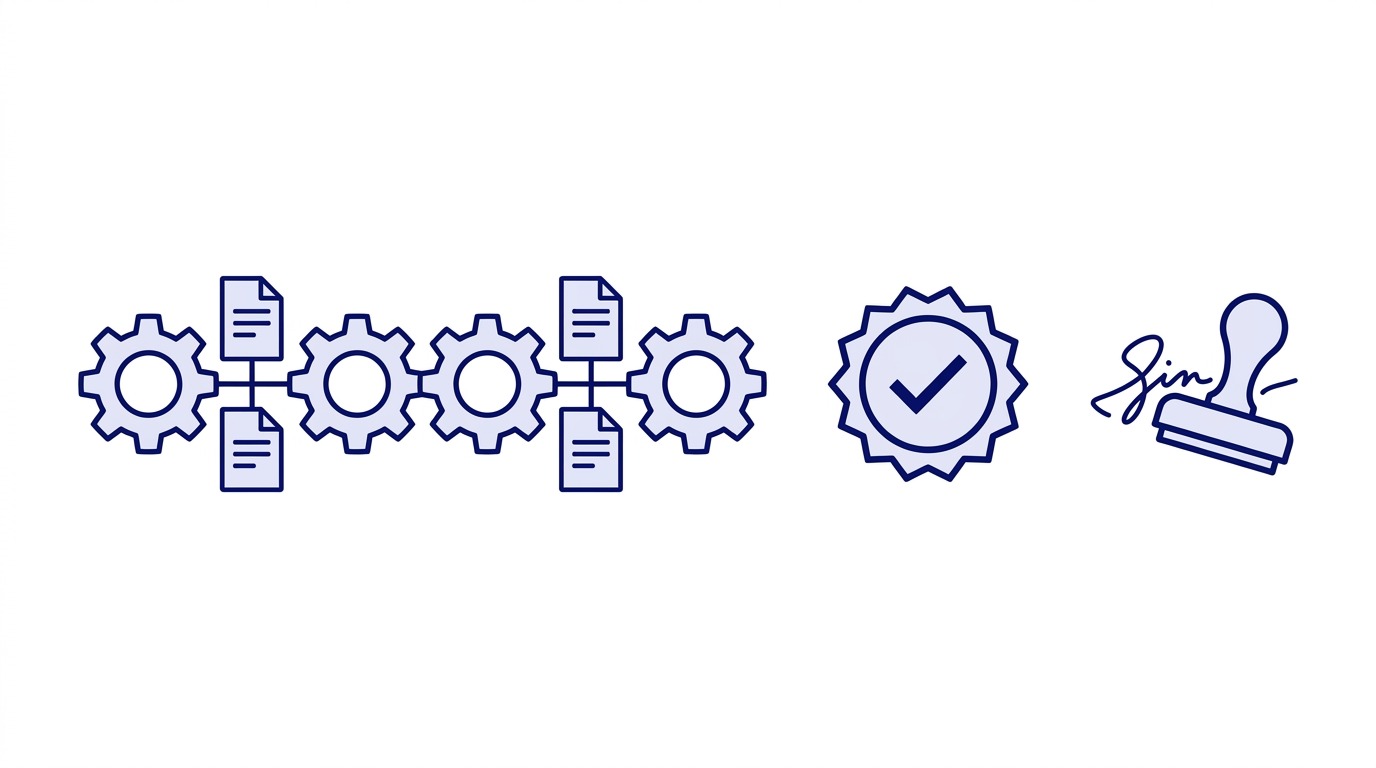Illustration showing automated process nodes feeding into two separate independent review gates, representing segregation of duties.