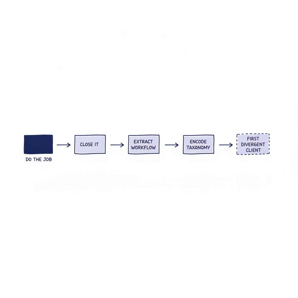 Flowchart showing the productisation sequence: do the specific job, close it, extract the workflow, encode the taxonomy, then validate on the first divergent client.