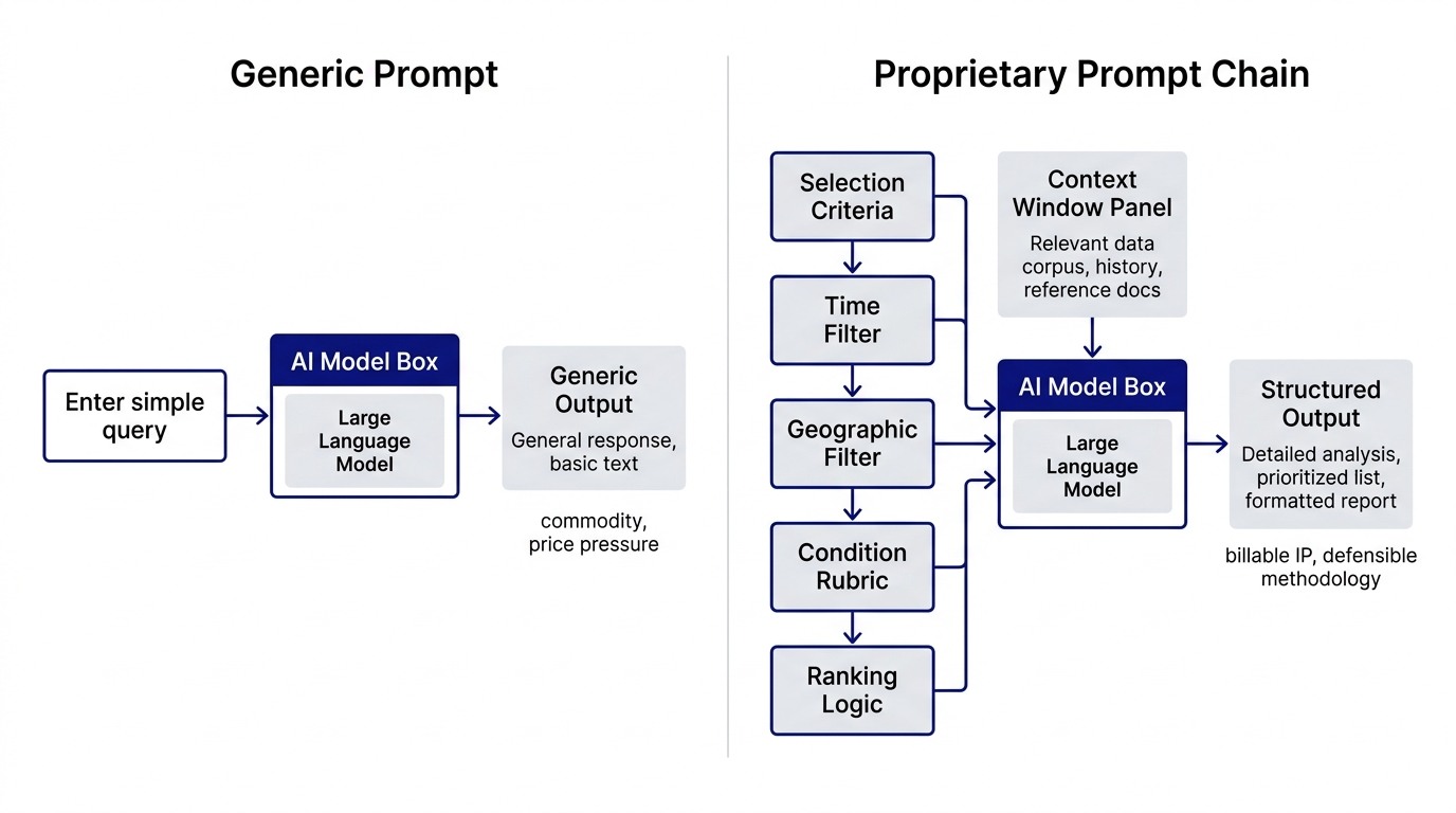 Side-by-side comparison showing Generic Prompt (single query box, commodity output, price pressure) vs. Proprietary Prompt Chain (multi-step decision logic, context window with accumulated methodology, billable IP output)