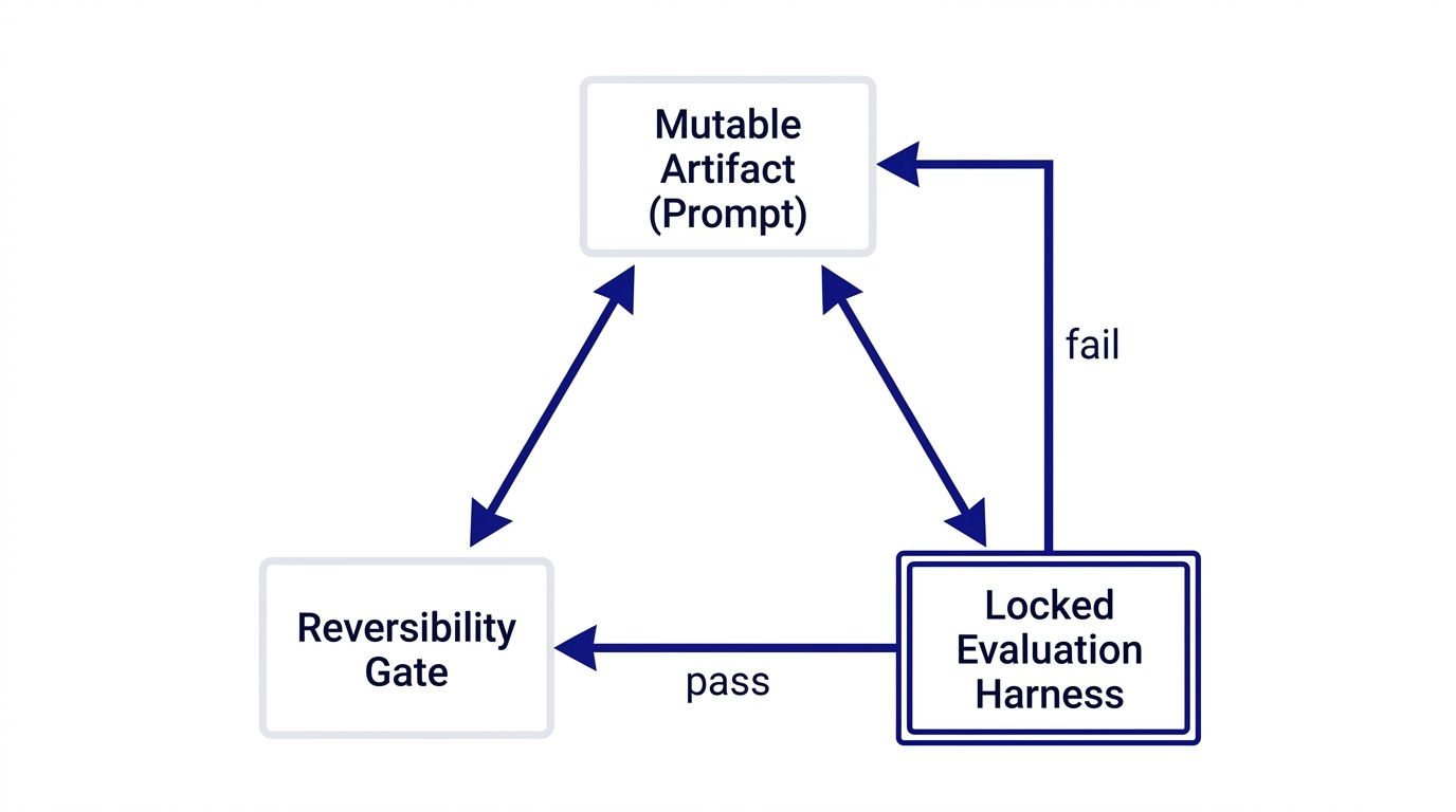 A constrained hill-climbing loop showing three nodes: mutable artifact (prompt), locked evaluation harness, and reversibility gate, connected in a cycle with pass/fail branching
