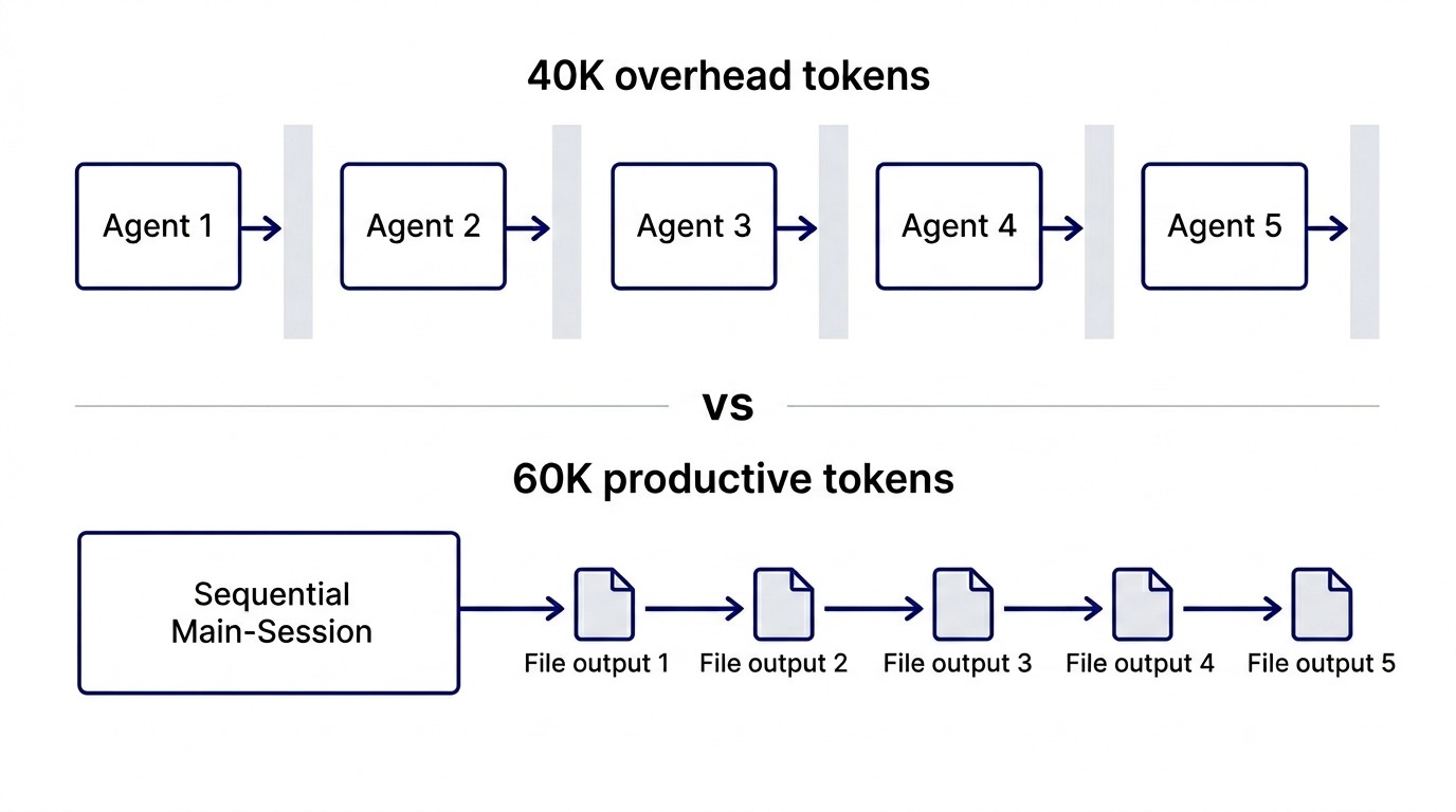 Parallel agent permission failure: five agents spawned → all hit Write tool permission wall in sandbox → zero outputs, vs. sequential main session producing all five files in order