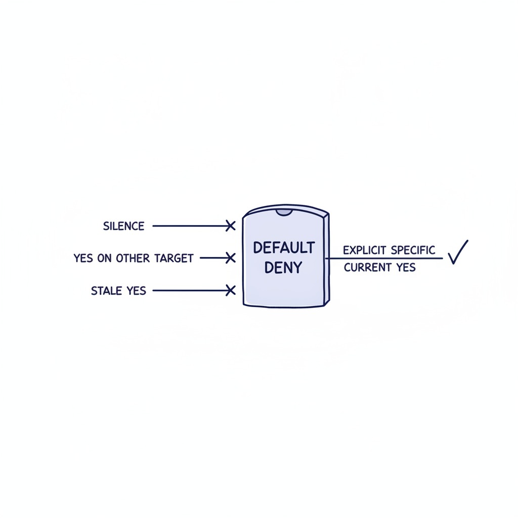 Diagram of a default-deny approval gate: an explicit, specific, current yes proceeds, while silence, a prior yes on a different target, and a stale yes all block.