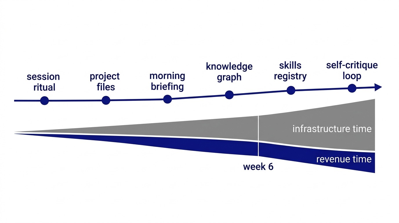 The infrastructure drift curve: a timeline showing initial AI adoption, each new system layer added (session ritual, project files, morning briefing, knowledge graph, skills registry), and the widening gap between infrastructure time and revenue time by week 6