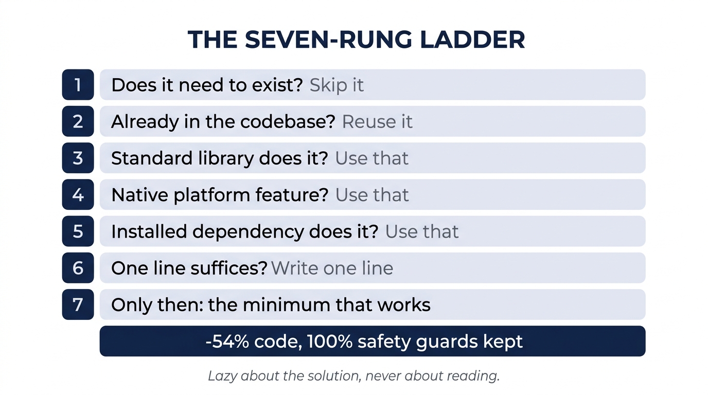 The seven-rung ladder: skip it, reuse the codebase, standard library, native platform, installed dependency, one line, then the minimum that works