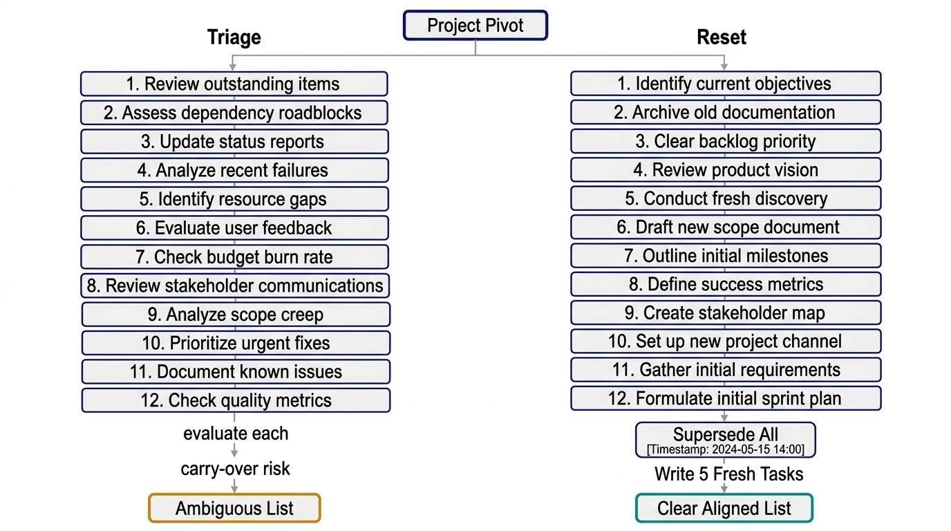 A decision flow comparing Triage vs Reset: Triage path shows 12 tasks → evaluate each → carry-over risk → ambiguous list. Reset path shows 12 tasks → supersede all → write 5 fresh tasks → clear aligned list with timestamp