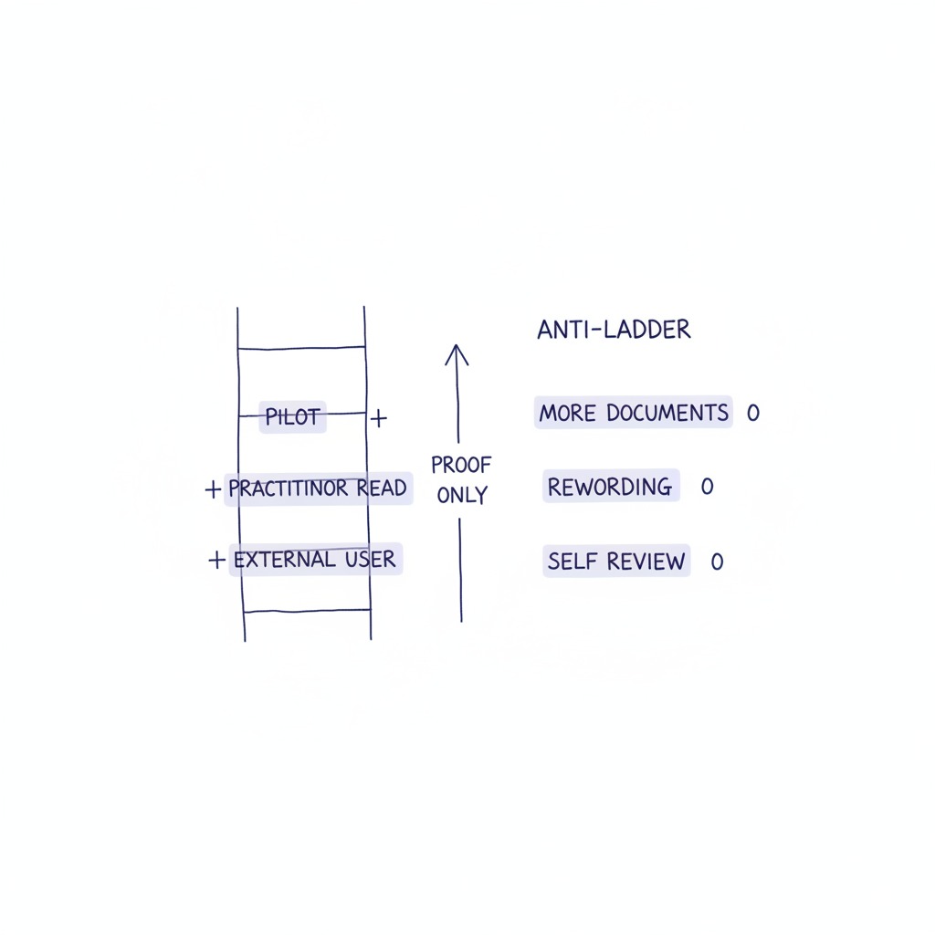 Diagram of the confidence ladder beside its anti-ladder: proof actions like pilots and practitioner reads buy rungs, while documents and self-review score zero.