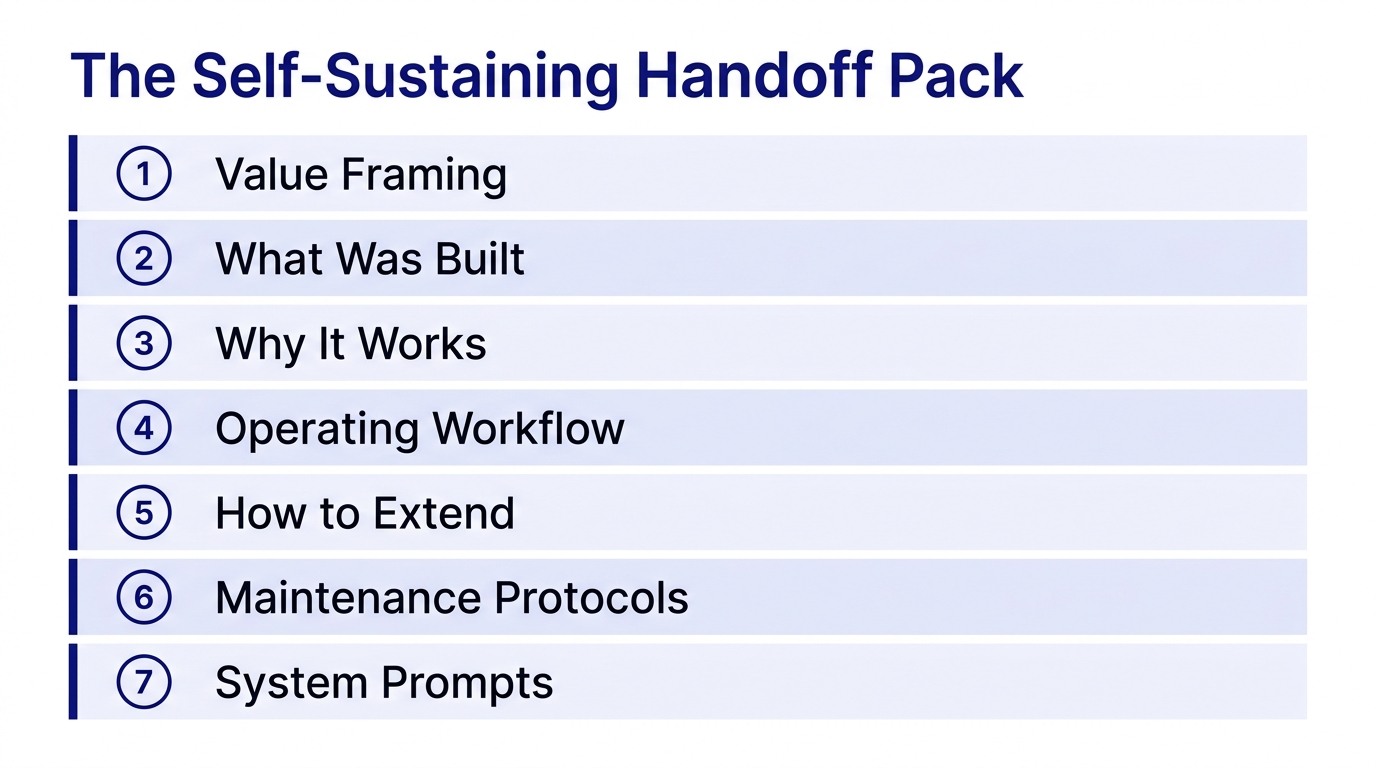 The seven-section handoff pack: Value framing, What was built, Why it works, Operating workflow, How to extend, Maintenance protocols, System prompts