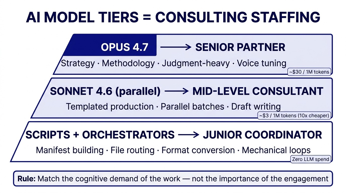 Three-tier AI model staffing framework: Opus 4.7 as Senior Partner for strategy work, Sonnet 4.6 in parallel as Mid-level Consultant for production, and Scripts as Junior Coordinator for mechanical tasks