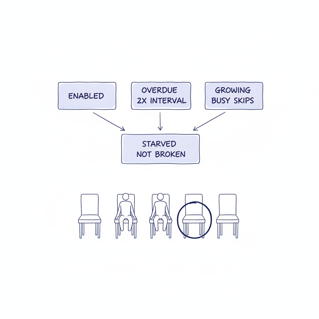 Diagram of an absence monitor: a routine that is enabled, overdue by more than twice its interval, and accumulating busy-skips is flagged as starved.