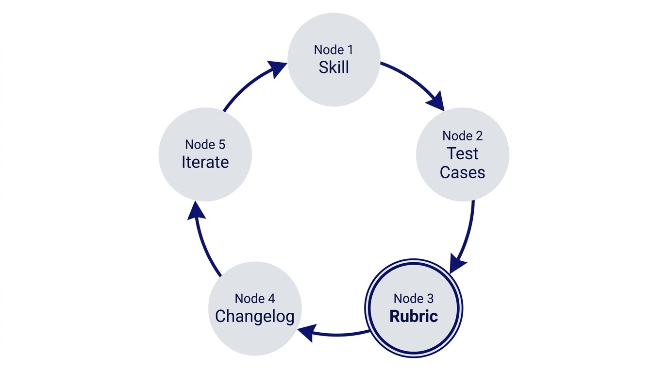 A circular evaluation loop diagram showing: Skill → Test Cases → Rubric → Changelog → Iterate, with arrows forming a closed feedback cycle