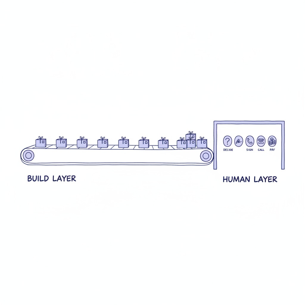 Diagram of a fast build layer feeding a queue of finished work into a slow human layer of decisions, signatures, calls, and payments.