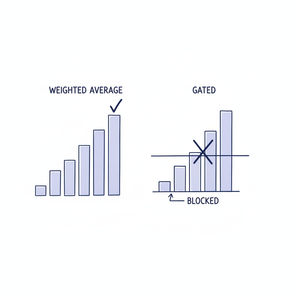 Diagram contrasting a weighted average, where strengths compensate for failures, with a gated evaluation, where a single gate failure blocks the decision.