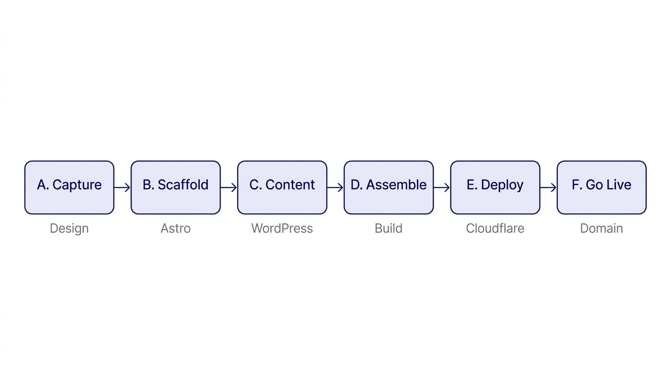 Six-phase migration workflow from WordPress to Cloudflare: Capture, Scaffold, Content, Assemble, Deploy, Go Live